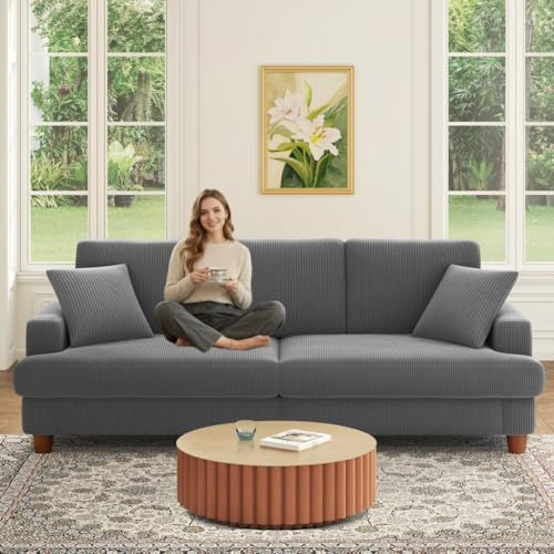 Kidirect Cord Sofa 3 Sitzer, 221CM Bequemes Couch 53CM Extra Tiefe Sitze, Sofa Wohnzimmer Werkzeugfreie Montage, Big Sofa Couch mit 2 Kissen, Modernes Couch fürs Büro, Schlafzimmer Sofas Grau