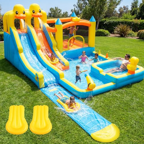Hapfan 10 in 1 Hüpfburg mit 6.2 m Wasserrutsche, aufblasbare XXL Hüpfburg inkl. Gebläse, Kletterwand, Sprungbereich, Wasserpistole, Splash Pool & Basketballkorb, für drinnen/draußen, 620x445x520 cm