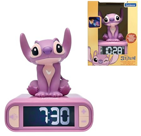 Lexibook, Disney Stitch, Angel Nachtlicht-Wecker, Töne und Melodien, hintergrundbeleuchteter LCD-Bildschirm, Leuchtend, Schlummerfunktion, rosa, RL800D1