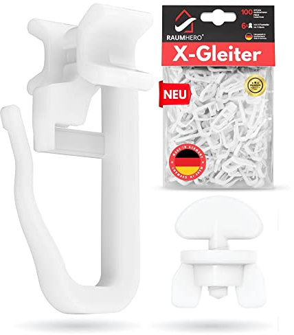 Raumhero X-Gleiter für Gardinenschienen (Komplettset 100x X-Gleiter inkl. 6X Stopper) - 6mm Standardmaß Gardinengleiter - Gardinenhaken für Schienen - 100% Made in Germany