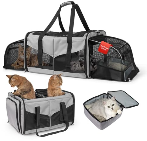 LitaiL Katzentransportbox für 2 Katzen, Faltbar & Erweiterbar, Mit 2 Klappkatzenklos & Trennwand, Atmungsaktiv, Für Auto & Reise,Bis 7kg Belastbar, Grau