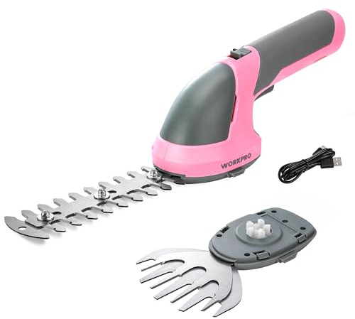 WORKPRO Gartenschere Akku 7,2V Rosa, Handliche Grasschere Elektrisch mit 2 Messern 2.000mAh Akku und Typ C Kabel, 2 in 1 Heckenschere mit Schnittbreite 10cm, Schnittlänge 15cm