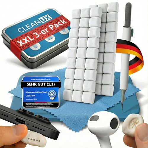 CLEANUX Reinigungsknete Handy Reinigungsset – iPhone Cleaner, Multifunktionswerkzeug & Mikrofasertuch – Ladebuchse Reiniger für AirPods, USB-C & Lautsprecher (3er Pack)