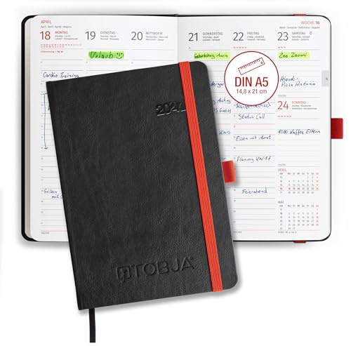 TOBJA® Buchkalender 2027 A5 Hardcover Nero Rot - 1 Woche 2 Seiten Halbstunden-Taktung 6-21 Uhr | Terminplaner mit Gummiband, Stiftschlaufe & Lesezeichen | FSC | Wochenplaner Kalenderbuch