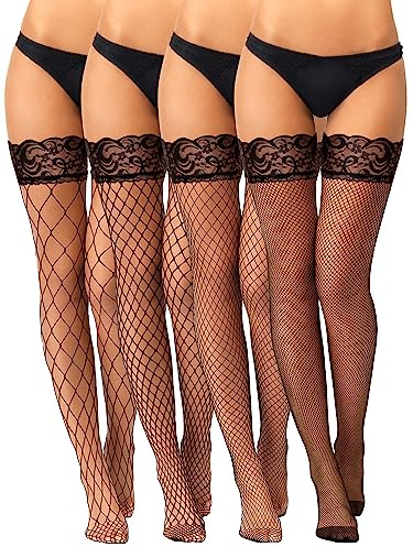 SATINIOR 4 Paar Halloween Spitze Netzstrümpfe Spitzen Oberschenkel Strümpfe Damen Netzstrümpfe für Cosplay Party, Schwarz