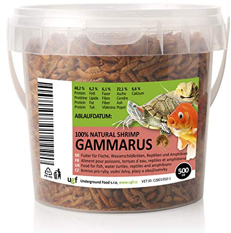 UGF - Premium Gammarus Bachflohkrebse Getrocknet - 50g im 500 Milliliter Eimer, Schildkrötenfutter, Fischfutter Aquarium, Axolotl Futter, Hamsterfutter, Igelfutter, Koi Futter, Rattenfutter
