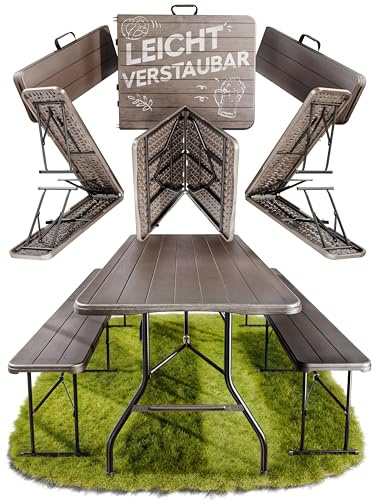 Ondis24 Biertischgarnitur Lisa Campingtisch 2X Bierbank 1x Biertisch Sitzbank klappbar Bierzeltgarnitur 3tlg. einfach transportabel (Braun, XL)