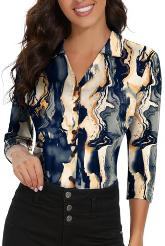 Soneven Poloshirt Damen Langarm 3/4 Arm Shirt Blusen Damen Elegant Golf Polo Oberteil Sommer Blusenshirt mit V-Ausschnitt Business Hemdbluse Crack-Druck L