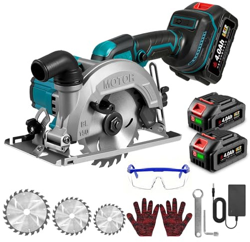 ONEVAN Akku Handkreissäge, Bürstenlos Akku Mini Kreissäge mit 2 3000mAh Akkus, 7000RPM Tauchkreissäge Schnitttiefe 48mm, 0-45°, mit 3 Sägeblättern (125mm, 140mm, 150mm)