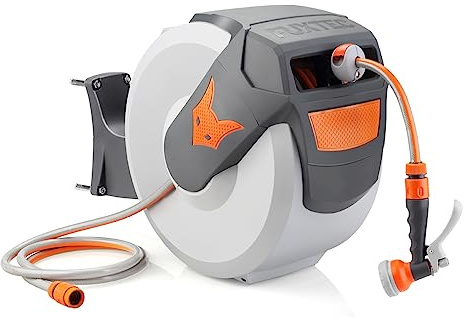FUXTEC automatische Schlauchtrommel FX-WSA30 – 30 m Gartenschlauch ½ Zoll – Schlauchaufroller zur Wandmontage inkl. Handbrause und Anschlüssen – 180° schwenkbar (65x29x46 cm)