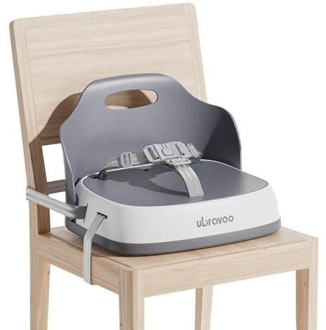 UBRAVOO Tragbarer Sitzerhöhung stuhl kind zum Essen, Reisehochstuhl mit 3-Punkt-Gurt und 2 verstellbaren Gurten, waschbarer Baby-Essstuhl ab 6 Monaten zum Aufsitzen (Grey)