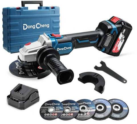 DongCheng Akku Winkelschleifer 20V, Ø125mm, 630W, 33 mm Schnitttiefe, Brushless, Schnellverschlussabdeckung, Anti-Vibrations-Griff, 2 Schleif-, 2 Fächer-, 2 Trennscheiben, inkl. 4.0Ah Akku & Ladegerät