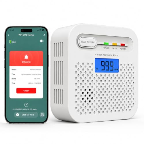 Kohlenmonoxid Melder WLAN mit App, EN 50291, 10 Jahre Batterie, 1er Pack | 2,4-GHz-WLAN ohne Hub, App-Alarm, LCD, 85 dB und versiegelte 10-Jahres-Batterie für Haus, Wohnung und Keller