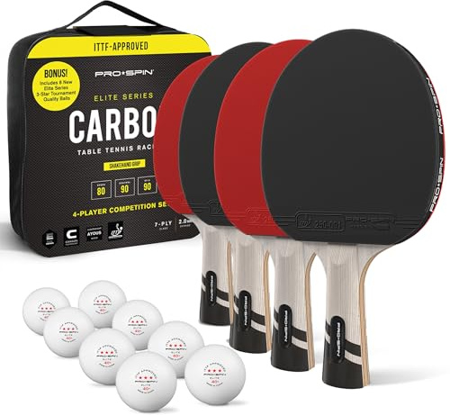 PRO-SPIN Tischtennisschläger – ITTF-zugelassener Carbon Profischläger für überlegene Präzision und Spin | Profi-Obergummi, 2,0 mm Schwammstärke, Schutzhülle (Rot, Set für 4 Spieler)