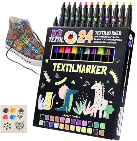 K2 TEXTIL 24 Textilstifte – Waschmaschinenfest, Feine Spitze, Permanent für Kleidung & Schuhe, Kein Ausbluten, Ungiftig, Für Kinder geeignet