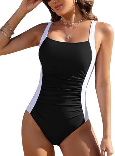 FemiChic Badeanzug Damen Bauchweg Raffung Shape Badeanzüge Große Größe Push Up Schwimmanzug mit Cups Sexy Swimsuits Badekleid One Piece Einteilige Bademode Monokini