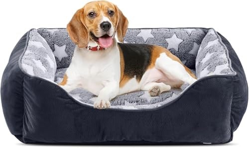 FURTIME Hundebett Mittelgroße Hunde, Hundekorb Waschbar Hundekörbchen rutschfeste, Hundebetten Flauschig Hundematratze mit Erhöhte Ränder, Hundesofa für Hunde Katze, Schwarz/Sterne, 63x53x20cm