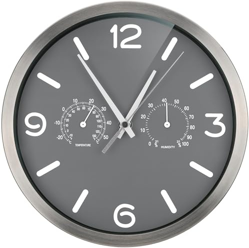 Bresser Funkuhr Wanduhr MyTime ND Thermo-Hygro mit geräuschlosem Funkuhrwerk, Edelstahlrahmen und Anzeige für Temperatur und Luftfeuchtigkeit, Grau, 250x250mm