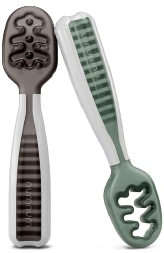 NumNum GOOtensils Babylöffel Set - Stufe 1+2 Esslernlöffel Baby ab 6+ Monaten - Beikost Baby Zubehör BLW - BPA frei Silikon Löffel Selber Essen - 2er (Grau/Grün)