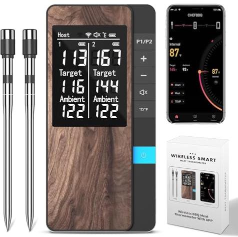 Pakinui Fleischthermometer Kabellos, Meat Grill Thermometer Mit Doppelsonde, Bluetooth Grillthermometer mit App, IP67 Wasserdicht Bratenthermometer Kabellos für Backofen Grill Smoker