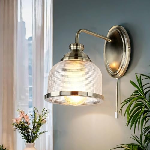 Licht-Erlebnisse Wandleuchte mit Schalter in Messing Antik Klar Glas Metall Jugendstil H: 24,5 cm E27 Wandlampe Küche Badezimmerlampe Wand
