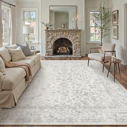 PureCozy Grau Teppich 200x300cm Wohnzimmer Vintage Waschbare Groß kurzflor rutschfest Weich Bumen Boho Retro Teppiche für Schlafzimmer Küchen Esszimmer Bedroom Living Room Büro