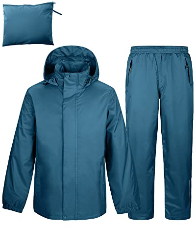 Herren & Damen Regenanzug Reflektierender Wasserdichte Packbare Regenjacke+Regenhose Outdoor gefütterte Regenkleidung Winddichte Regenset Regenkombi für Radfahren Fischen Wandern, Blau XL