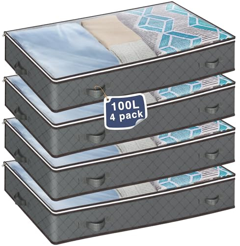 MIXC 4 Stück Unterbett Aufbewahrungsbox, Unterbettkommode, 100L Aufbewahrungsbox mit Deckel, Aufbewahrungstasche, Aufbewahrung und Organisation für Kleidung, Bettdecken, Decken und Bettwäsche