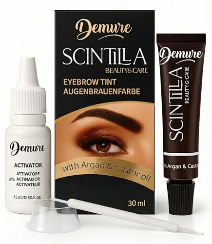 DEMURE Augenbrauenfarbe Set mit Entwickler, 15+ Anwendungen - 30 ml, Brow Tint, Dye mit Arganöl und Rizinusöl, Augenbrauen Färbeset bis zu 4 Wochen Halt (1.0 Schwarz)