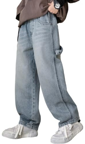 Rolanko Baggy Jeans Jungen, Weites Bein Elastischer Taille und Mehreren Taschen, Cargo Hosen Jeans für Kinder