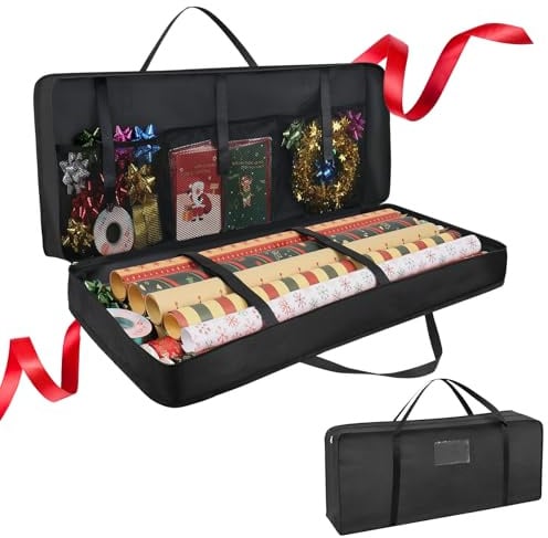 Forbabe 82x13x34cm Geschenkpapier Aufbewahrung 600D Oxford mit Griffe | Geschenkpapier Organizer Aufbewahrungstasche mit 3 Fächern Weihnachtspapier Geschenkpapierrollen Organizer für Geschenkbänder
