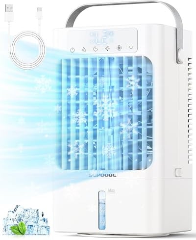 SUPOOBE Klimaanlage Mobil, 4-in-1 Mobiles Klimagerät, 900ml Wassertank Luftkühler mit Wasserkühlung, 3 Windgeschwindigkeiten & 2 Feuchtigkeits Modi, 90°Oszillation, Timer, 7 Farben Licht für Zuhause