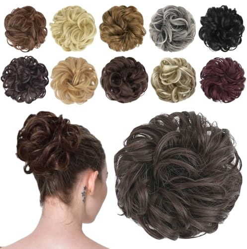 FESHFEN Haarteil Mit Gummiband, Dutt Haarteil Haargummi Mit Haaren Gelockt Haardutt Synthetisch Haar Haarverlängerung Pferdeschwanz Haarteile für Damen Mädchen, Dunkelbraun 42g