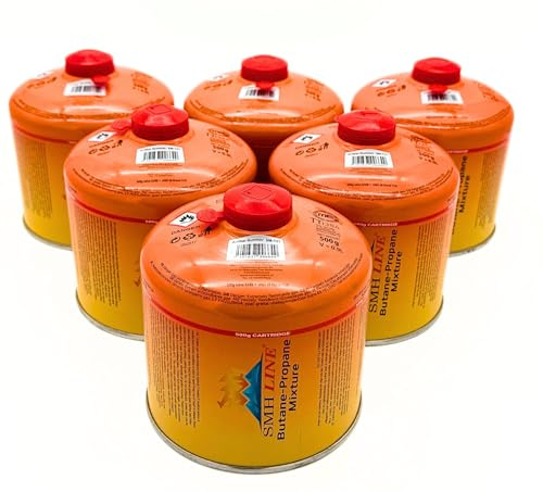SMH LINE® 6x 500g Schraubkartusche Butan Propan Gas Schraubventil Universalgewinde 7/16 Gaskartuschen Ventil EN 417 Bunsenbrenner Campingkocher Grill Gaskocher Gasheizung Lötbrenner