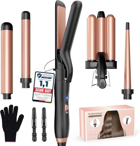 BESTOPE MIX Lockenstab Hair Curler mit Glätteisen, Lockenstab 3 Fässer antistatische Keramik Welleneisen für Haare mit einstellbarer Temperatur Schnelle Erwärmung Rose Gold 5 in 1