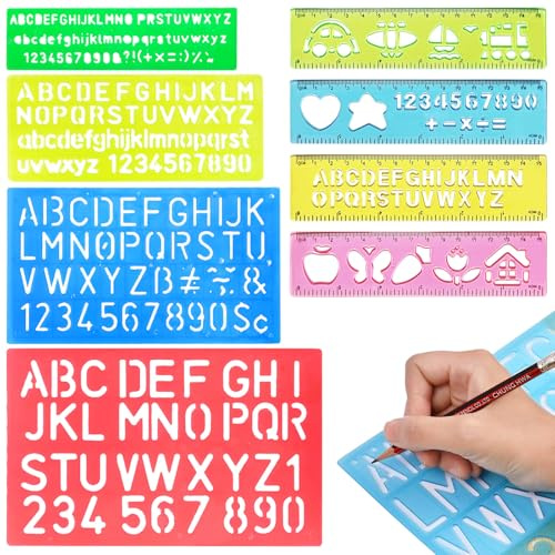 ZYNERY 8 Stück Schablonen Zahlen und Buchstaben Kinder Einschulung 15cm Lineal mit Buchstaben und Zahlen Buchstabenschablonen Kunststoff Schriftschablone für Zeichenhilfen Graffiti