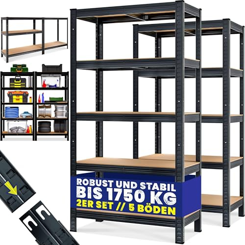 Monzana® 2X Schwerlastregal 180x90x40cm Schwarz Montagematerial 1750kg 10 MDF-Platten Kellerregal Lagerregal Steckregal Metallregal Werkstattregal