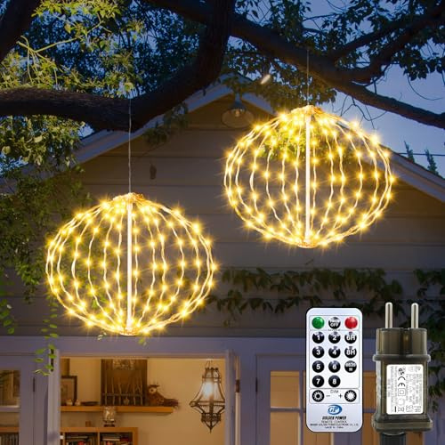 Bigzom Weihnachtsbeleuchtung Kugel, 20cm Leuchtkugel Outdoor mit Timer, 81 LED Weihnachtsdeko Lichterkette Außen Wasserdichte 8 Modi für Fenster Wohnzimmer Balkon (2 Stück,Warmweiß)
