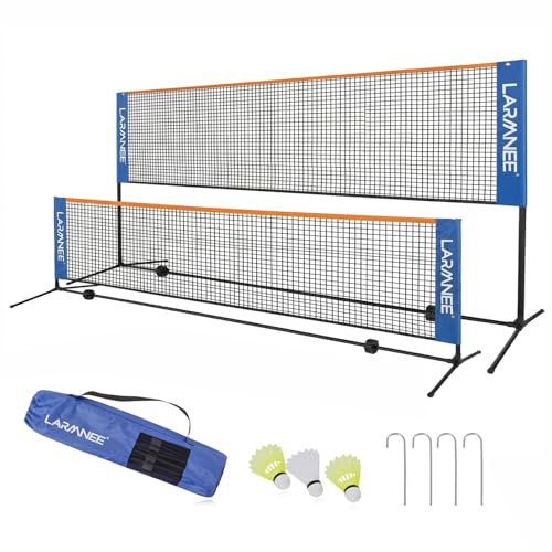 LARMNEE Badminton Netz, 5 m Volleyballnetz, Federballnetz, 3-Fach-Höhenverstellbar 107/120/155cm, Tragbares Set für Tennis, Badminton oder Volleyball, für Garten, Indoor, Outdoor ELC05BN02