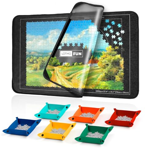 LOTMOFUN Puzzlebrett 1000 Teile, Tragbare Puzzlematte aus Filz mit Transparenter Wasserdichter & Staubdichter Abdeckung für Puzzleaufbewahrung, Puzzle Board mit 6 Sortierschalen, 81x56cm