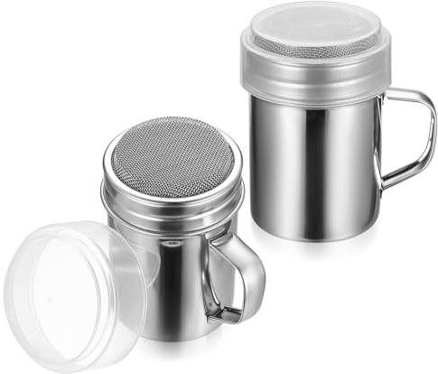 2 STK Puderzuckerstreuer, Kakaostreuer für Cappuccino, Edelstahl Puderzucker Pulver Streuer, Gewürzstreuer, Staubzuckerstreuer mit Deckel & feinem Sieb, Mehlstreuer Kaffee Mehlsieb für Kochen Backen