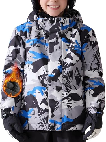FREE SOLDIER Wasserdichte Skijacke für Jungen und Mädchen, mit Fleece gefüttert, warm, Winterjacke für Kinder mit abnehmbarer Kapuze (grünes Camo, Größe 6–7/Junge)