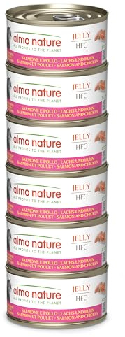 Almo Nature HFC Jelly - Nassfutter für ausgewachsene Katzen - Lachs & Huhn - Human Grade, Glutenfrei - 6 x 70g