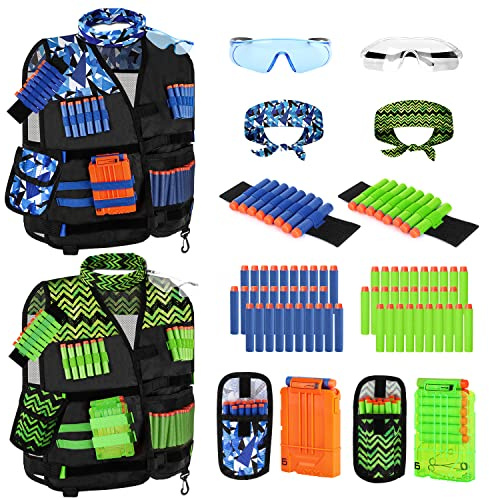 Lehoo Castle Kinder Taktische Weste Jacke Set für Nerf Guns (Blau+Grün) | für Nerf Guns N-Strike Elite, mit 60 Darts, 2 Brille 2 Schnell Nachladen Clips 2 Maske 2 Armbände, Spielzeug Jungen Mädchen