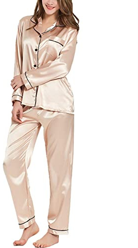 SWOMOG Satin Damen Schlafanzug mit Knopfleiste Langarm Nachtwäsche Pyjamas Set Zweiteiliger Nachtwäsche Hausanzug Champagner