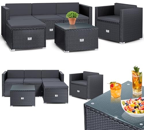 KESSER® Polyrattan Lounge Aruba - Gartenlounge für 4-5 Personen Gartenmöbel-Set Sitzgruppe aus 3er Gartensofa, Sessel, Hocker Beistelltisch mit Sitzkissen für Garten, Terrasse und Balkon, Anthrazit