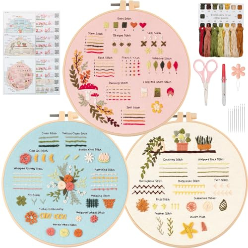 UXORSN 3 Sets Stickset für Anfänger Stickerei Set Sticken Set Erwachsene Lernen 30 Verschiedene Stiche Weihnachten Geschenk Kreuzstich Kit mit Druckmuster Fäden Nadeln Stickrahmen Videolehrgang