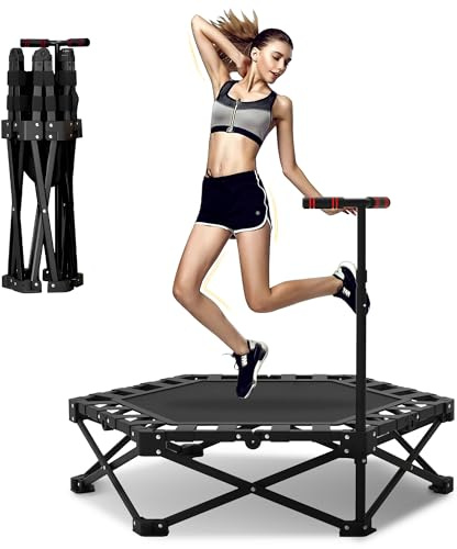 Fitness Trampolin Indoor für Zuhause,106cm Mini Trampolin mit Höhenverstellbaren Haltestangen, Belastbarkeit 150kg, für Fitness und Aerobic Training Geeignet, Faltbar und Tragbar