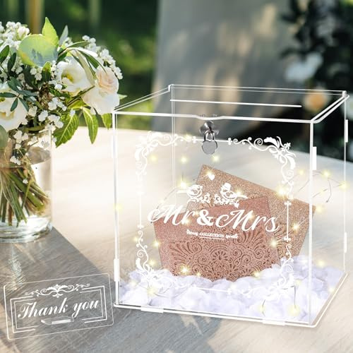Herenear Hochzeit Kartenbox aus Acryl, Hochzeitsbox Geschenkkarten, Hochzeit Kartenbox Box, Acryl Hochzeitskartenbox mit Schloss, Klar DIY Große Geschenkkartenboxen für Geburtstag Jubiläum Baby Shower