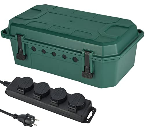 Electraline 300181 wasserdichte Schutzbox für den Außenbereich wetterfest IP54 mit mitgelieferter 4-Fach Steckdosenleiste IP44 Steckdosen mit Kappen, 5M Kabel H05RR-F 3G1,5, Grun, X-Large